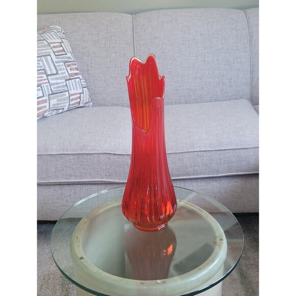 MCM Large L E Smith Vase, Red Stretch Swung, Ribbed Clear Rim, 19-7/8" - Picture 1 of 5